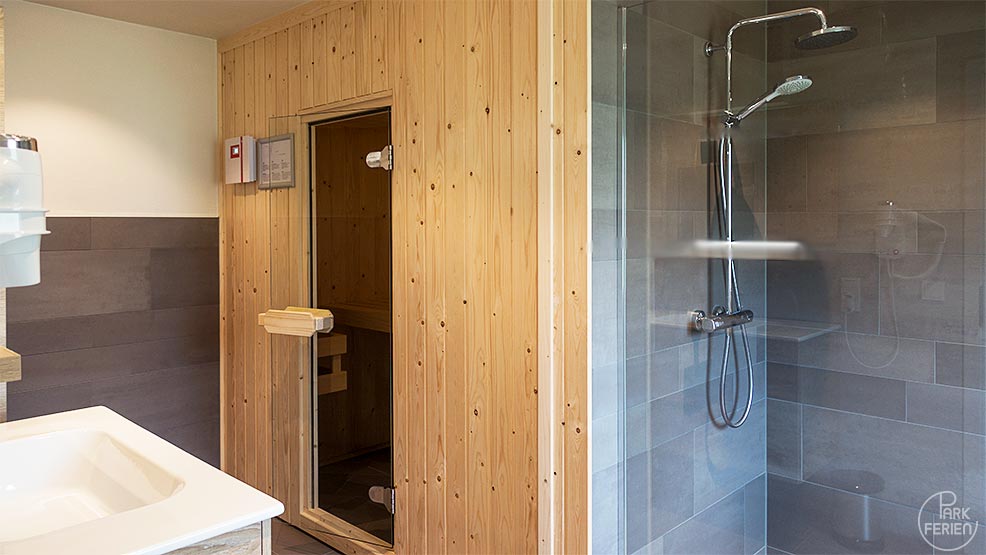 Badezimmer mit Sauna im Ferienhaus